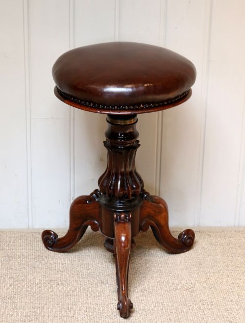 Early Victorian Solid Rosewood Adjustable Piano Stool