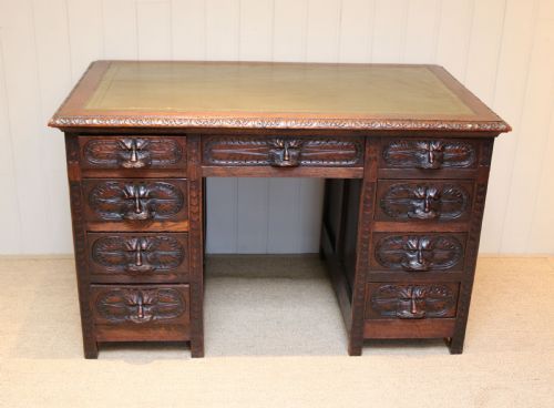 Victorian Green Man Carved Oak Pedestal Desk