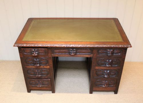 fig 1. Victorian Green Man Carved Oak Pedestal Desk