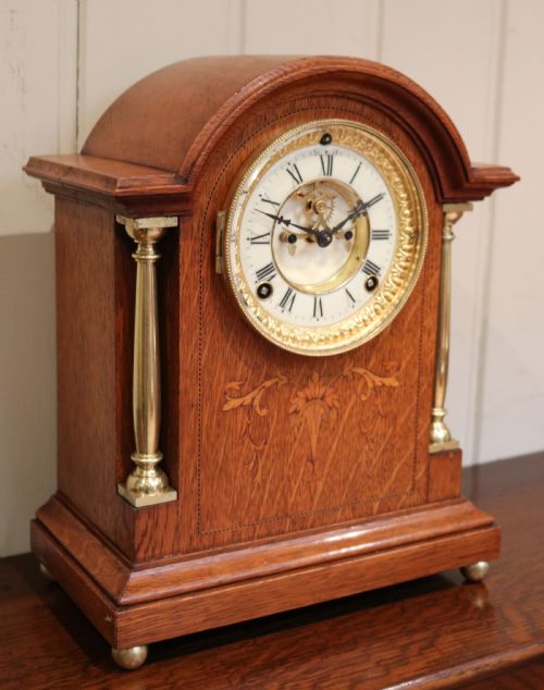 Oak and Inlay Visible Escapement Mantel Clock