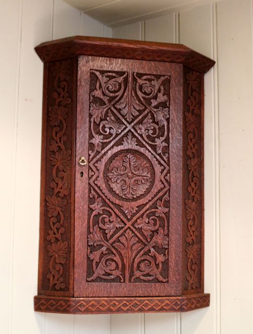 Carved Oak Corner Wall Cabinet