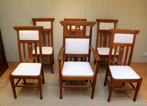 Set of Six Oak Arts and Crafts Dining Chairs