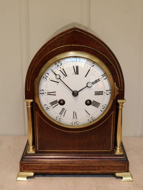 Mahogany Inlaid Lancet Top Mantel Clock
