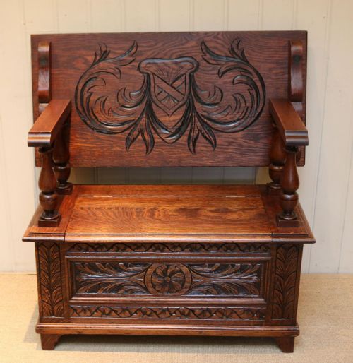 Carved Oak Monks Bench