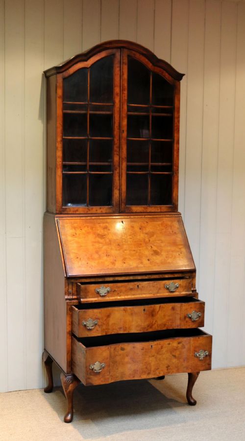 fig 1. Burr Walnut Queen Anne Bureau Bookcase