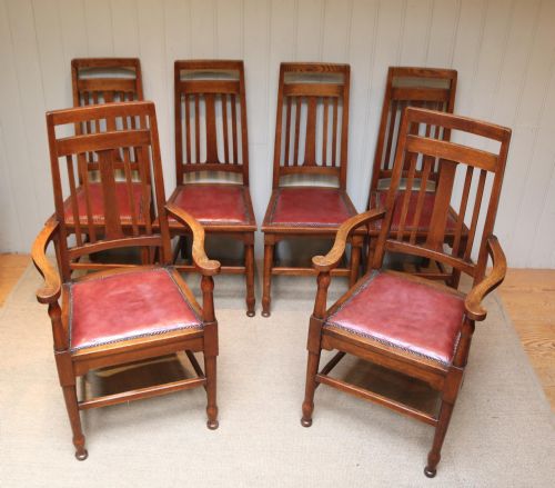 Set of Six Solid Oak Arts and Crafts Dining Chairs