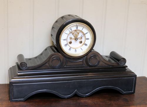 fig 1. Late Victorian Polished Slate Visible Escapement Mantel Clock