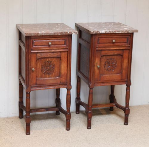 Pair of French Oak Marble Top Bedside Cabinets