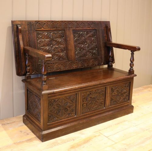 Late Victorian Solid Carved Oak Monks Bench