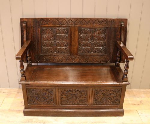 fig 1. Late Victorian Solid Carved Oak Monks Bench