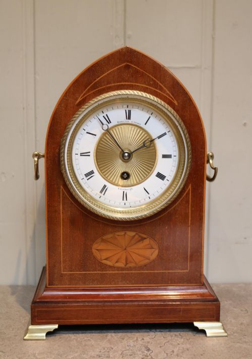 Edwardian Mahogany and Inlay Lancet Top Mantel Clock