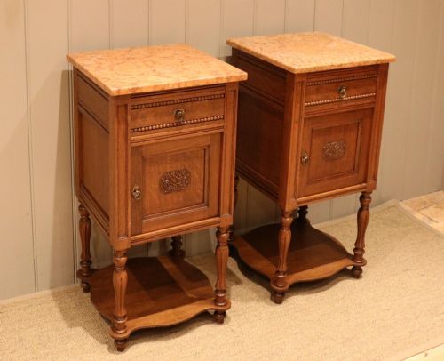 Pair of Oak Marble Top Bedside Cabinets