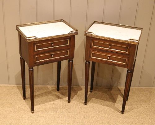 Pair of French Mahogany Marble Top Bedside Cabinets

