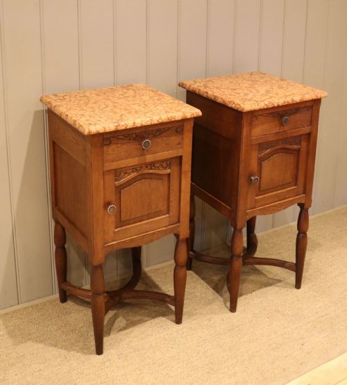 Pair of French Oak Marble Top Bedside Cabinets