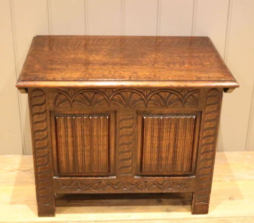 Small Solid Oak Carved Linenfold Coffer	
