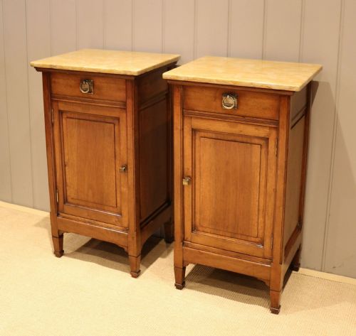 Pair of French Walnut Marble Top Bedside Cabinets