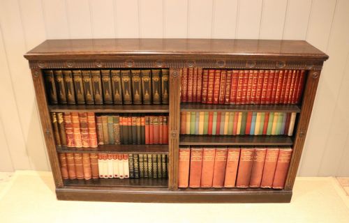 Long Low Solid Oak Open Double Bookcase