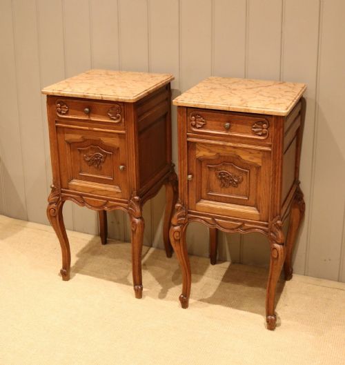 Pair of French Oak Marble Top Bedside Cabinets