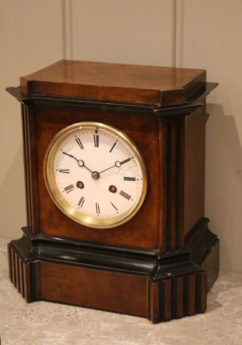 Mid Victorian Burr Walnut & Ebonised Mantel Clock