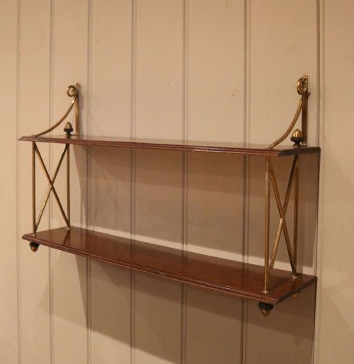 Two Tier Mahogany & Brass Wall Shelves