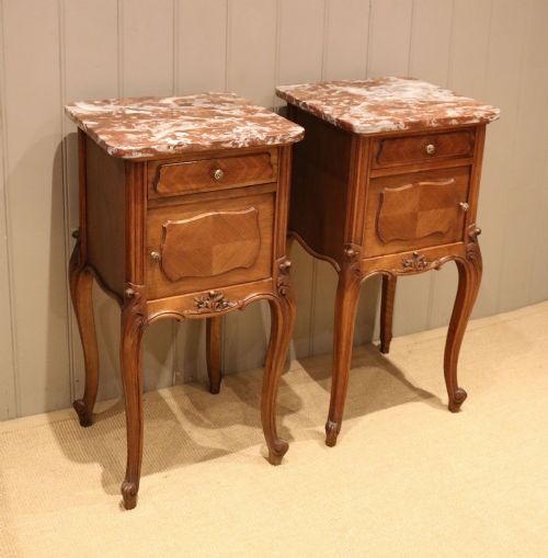 Pair of French Walnut Marble Top Bedside Cabinets