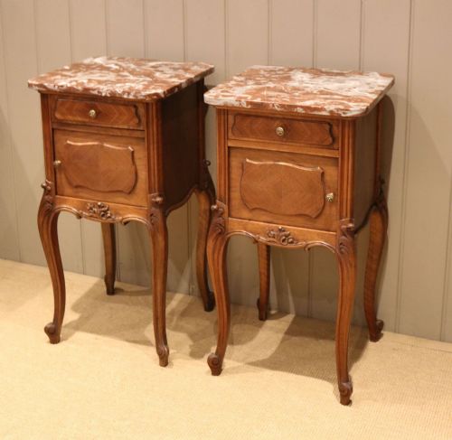 fig 1. Pair Of French Walnut Marble Top Bedside Cabinets