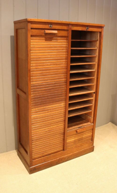 French Oak Double Tambour Front Filing Cabinet