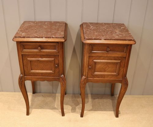 French Walnut & Beech Marble Top Bedside Cabinets