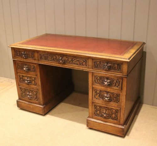 Carved Oak Pedestal Desk