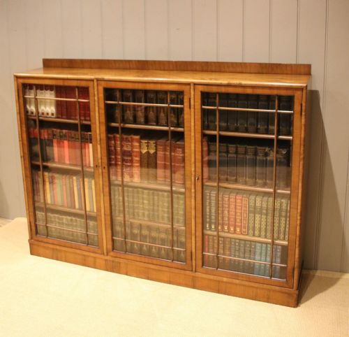 Long Three Section Walnut Glazed Bookcase
