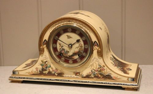 Unusual Cream Chinoiserie Napoleon Hat Mantel Clock
