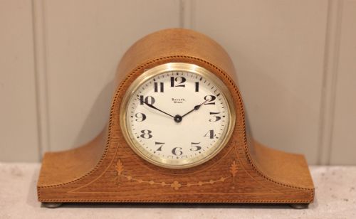 Small Oak Inlaid Napoleon Hat Mantel Clock
