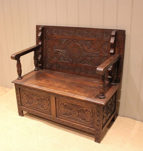 Late 19th Century Carved Oak Monks Bench