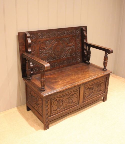 fig 1. Late 19th Century Carved Oak Monks Bench