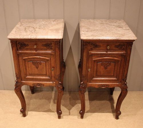 fig 1. Pair Of French Oak Marble Top Bedside Cabinets