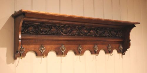Substantial French Oak Wall Shelf with Coat Hooks