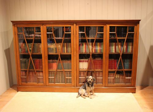 fig 1. A wide four-door Edwardian walnut library bookcase featuring geometric astragal glazed doors and a plinth base, filled with books.