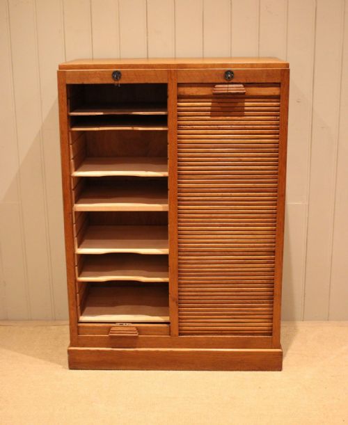 French Art Deco Oak Double Tambour Front Filing Cabinet