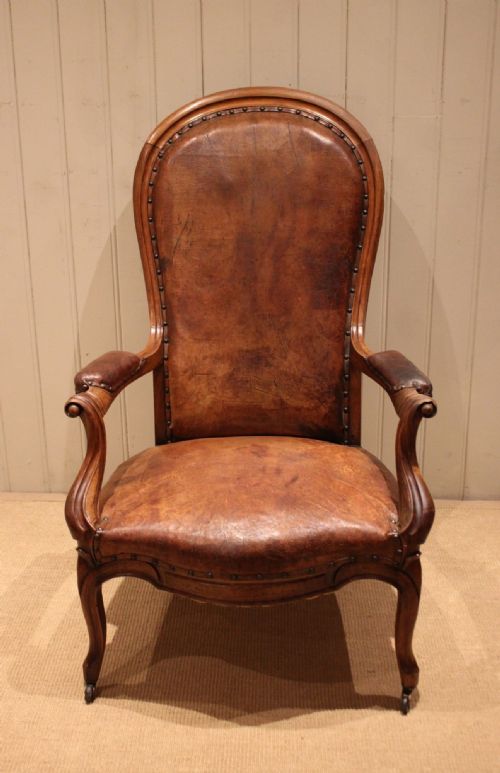 FRENCH WALNUT BALLOON BACK LEATHER CHAIR - ADDITIONAL PHOTO 1