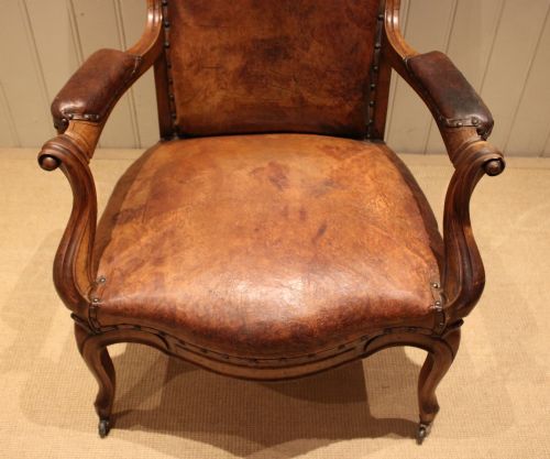 FRENCH WALNUT BALLOON BACK LEATHER CHAIR - ADDITIONAL PHOTO 2