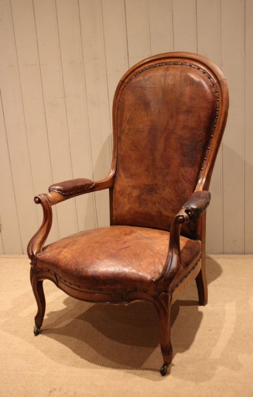 FRENCH WALNUT BALLOON BACK LEATHER CHAIR - ADDITIONAL PHOTO 5