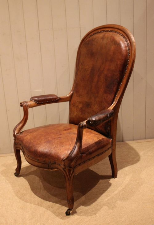 FRENCH WALNUT BALLOON BACK LEATHER CHAIR - ADDITIONAL PHOTO 7