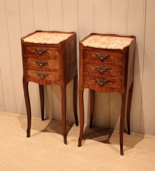 fig 1. Pair Of Mahogany & Kingwood Marble Top Bedside Cabinets