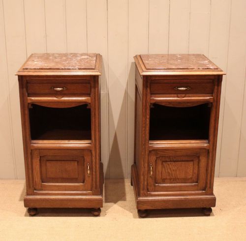fig 1. Pair Of French Oak Marble Top Bedside Cabinets