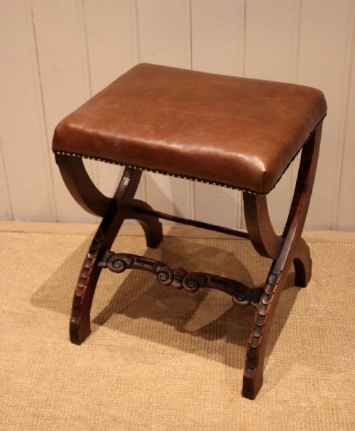 Late Victorian Walnut & Leather Stool