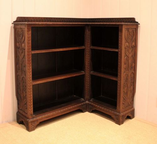 fig 1. Unusual Late 19th Century Carved Oak Corner Bookcase