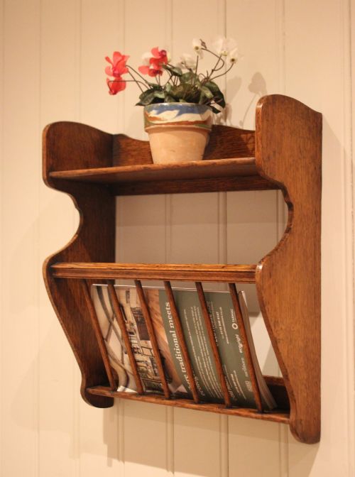 ARTS CRAFTS OAK WALL SHELF WITH A MAGAZINE RACK - ADDITIONAL PHOTO 1