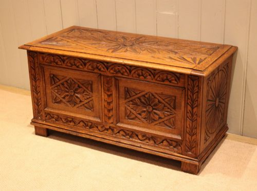 SOLID CARVED GOLDEN OAK COFFER - ADDITIONAL PHOTO 1