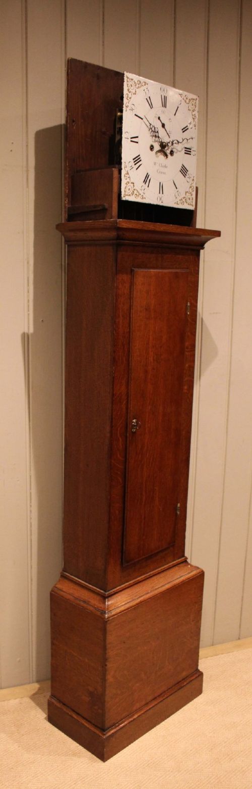 A tall late Georgian oak longcase clock featuring a square painted dial, turned hood columns, and a polished wood trunk. View X