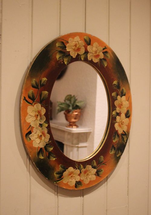 French Oval Floral Painted Wall Mirror